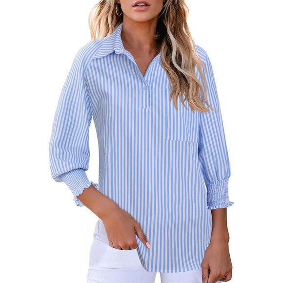 Tops - Women Blouses 3/4 Sleeve Business Shirts Smocked Cuffed Spring Dressy Casual Top